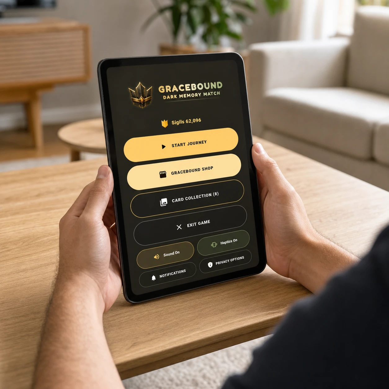 Gracebound journey menu displayed on a portrait tablet in a modern living space